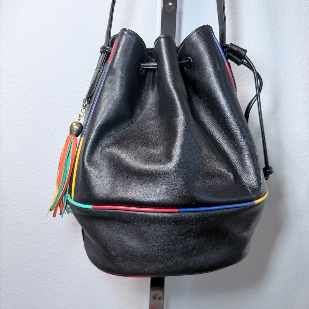 Vintage Black Leather Drawstring Bucket Bag Color Trim Tassel Y2K